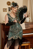 Gyllene Och Gröna Paljetter Fransar 1920-Tals Plus Size Gatsby Flapper Klänning med 20s-Tals Tillbehör Set