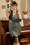 Gyllene Och Gröna Paljetter Fransar 1920-Tals Plus Size Gatsby Flapper Klänning med 20s-Tals Tillbehör Set