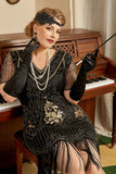 Svarta Kortärmade 1920-Tals Plus Size Gatsby Flapper Klänning Med 20-Tals Tillbehör Set
