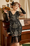 Svarta Paljetter Fransar 1920-Talets Plus Size Flapper Klänning Med 20-Tals Tillbehörsset