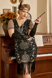Svarta Paljetter Fransar 1920-Talets Plus Size Flapper Klänning Med 20-Tals Tillbehörsset