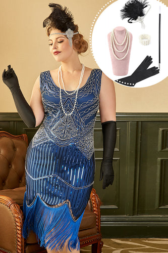 Kungsblå Paljetterad Fransar 1920-Tals Plus Size Gatsby Klänning Med 20-Talets Tillbehörs Set