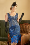Kungsblå Paljetterad Fransar 1920-Tals Plus Size Gatsby Klänning Med 20-Talets Tillbehörs Set