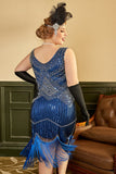 Kungsblå Paljetterad Fransar 1920-Tals Plus Size Gatsby Klänning Med 20-Talets Tillbehörs Set