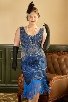 Kungsblå Paljetterad Fransar 1920-Tals Plus Size Gatsby Klänning Med 20-Talets Tillbehörs Set