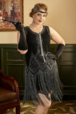 Svarta Fransar 1920-Talet Plus Size Gatsby Klänning med 20-Talets Tillbehörsset