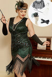 Mörkgrön Paljetterad 1920-Tals Plus Size Flapper Klänning Med 20-Talets Tillbehörs Set