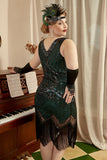 Mörkgrön Paljetterad 1920-Tals Plus Size Flapper Klänning Med 20-Talets Tillbehörs Set