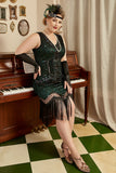 Mörkgrön Paljetterad 1920-Tals Plus Size Flapper Klänning Med 20-Talets Tillbehörs Set