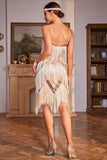 Mousserande champagne Spaghetti Remmar Paljetter Fringed 1920s klänning med tillbehör set