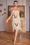 Mousserande champagne Spaghetti Remmar Paljetter Fringed 1920s klänning med tillbehör set