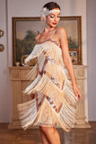 Mousserande champagne Spaghetti Remmar Paljetter Fringed 1920s klänning med tillbehör set