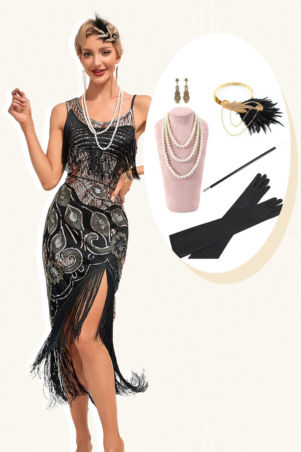 Glittrande Svarta Paljetter Fransar Asymmetrisk 1920-tals Gatsby-klänning med accessoarer