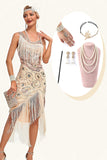 Glittrande Champagne Paljetter Fransar Asymmetrisk 1920-tals Gatsby Klänning med Accessoarer Set