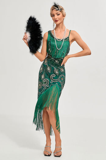 Glittrande Mörkgrön Paljetter Fransar Asymmetrisk 1920-tals Gatsby-klänning med accessoarer