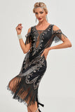 Glitter Svart Paljetter Fransar 1920-talet Gatsby Klänning med Accessoarer Set