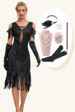 Glitter Svart Kalla Axeln Paljetter Fransar 1920-talet Gatsby Klänning med Accessoarer Set