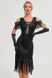 Glitter Svart Kalla Axeln Paljetter Fransar 1920-talet Gatsby Klänning med Accessoarer Set