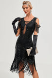 Glitter Svart Kalla Axeln Paljetter Fransar 1920-talet Gatsby Klänning med Accessoarer Set