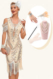 Glitter Champagne Kalla Axlar Paljetter Fransar 1920-talet Gatsby Klänning med Accessoarer Set
