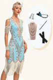 Glitter Grön Kalla Axlar Paljetter Fransar 1920-talet Gatsby Klänning med Accessoarer Set
