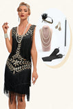 Glitter Svarta Paljetter Fransar 1920-talet Gatsby Klänning med Accessoarer Set