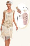 Glitter Champagne Paljetter Fransad 1920-tals Gatsby Klänning med Accessoarer Set