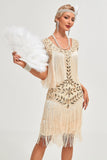 Glitter Champagne Paljetter Fransad 1920-tals Gatsby Klänning med Accessoarer Set