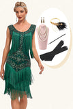 Mörkgrön Paljetter Fransar Great Gatsby Klänning med Accessoarer Set