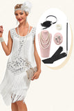 Vita Paljetter Fransar Flapper Klänning med Accessoarer Set
