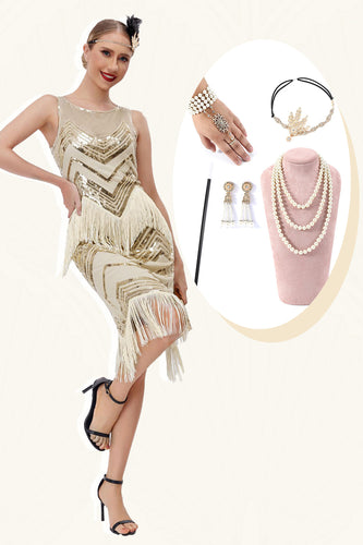 Champagne Glitter Fransar Gatsby Klänning med Accessoarer Set