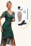Beading Mörkgrön Glitter Fransar Flapper Klänning med Accessoarer Set