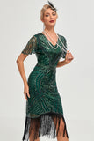 Beading Mörkgrön Glitter Fransar Flapper Klänning med Accessoarer Set