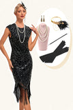Svart Ärmlös Glitter Fransar 1920-talet Klänning med Accessoarer Set