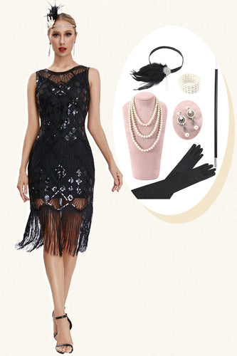 Glittrande svart fransad 1920-tals Gatsby-klänning med 20-tals tillbehörsset