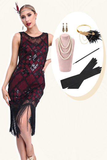 Glittrande svart röd fransad 1920-tals Gatsby-klänning med 20-tals tillbehörsset