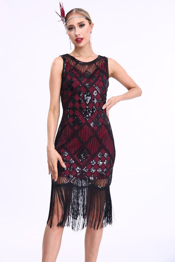 Glittrande svart röd fransad 1920-tals Gatsby-klänning med 20-tals tillbehörsset