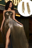 Gyllene A-linje Spaghetti Straps Plisserad Glittrande Balklänning med Accessoarer Set