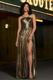 Gyllene A-linje Spaghetti Straps Plisserad Glittrande Balklänning med Accessoarer Set