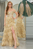 Prinsessan A-linje Off The Shoulder Guld Tiered Prom Klänning med Accessoarer Set