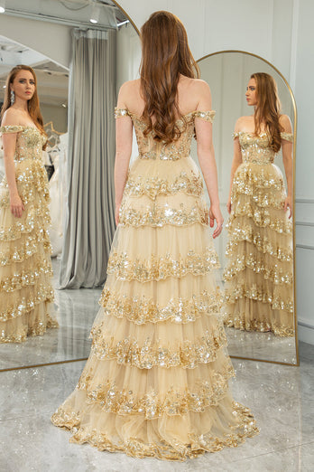 Prinsessan A-linje Off The Shoulder Guld Tiered Prom Klänning med Accessoarer Set