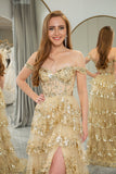 Prinsessan A-linje Off The Shoulder Guld Tiered Prom Klänning med Accessoarer Set