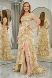 Prinsessan A-linje Off The Shoulder Guld Tiered Prom Klänning med Accessoarer Set