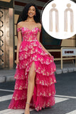 Trendig En linje från axeln Fuchsia Split Front Corset Prom Klänning med Accessoarer Set