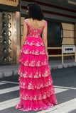 Trendig En linje från axeln Fuchsia Split Front Corset Prom Klänning med Accessoarer Set