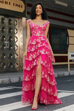 Trendig En linje från axeln Fuchsia Split Front Corset Prom Klänning med Accessoarer Set