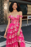 Trendig En linje från axeln Fuchsia Split Front Corset Prom Klänning med Accessoarer Set