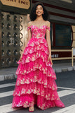 Trendig En linje från axeln Fuchsia Split Front Corset Prom Klänning med Accessoarer Set