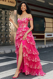 Trendig En linje från axeln Fuchsia Split Front Corset Prom Klänning med Accessoarer Set