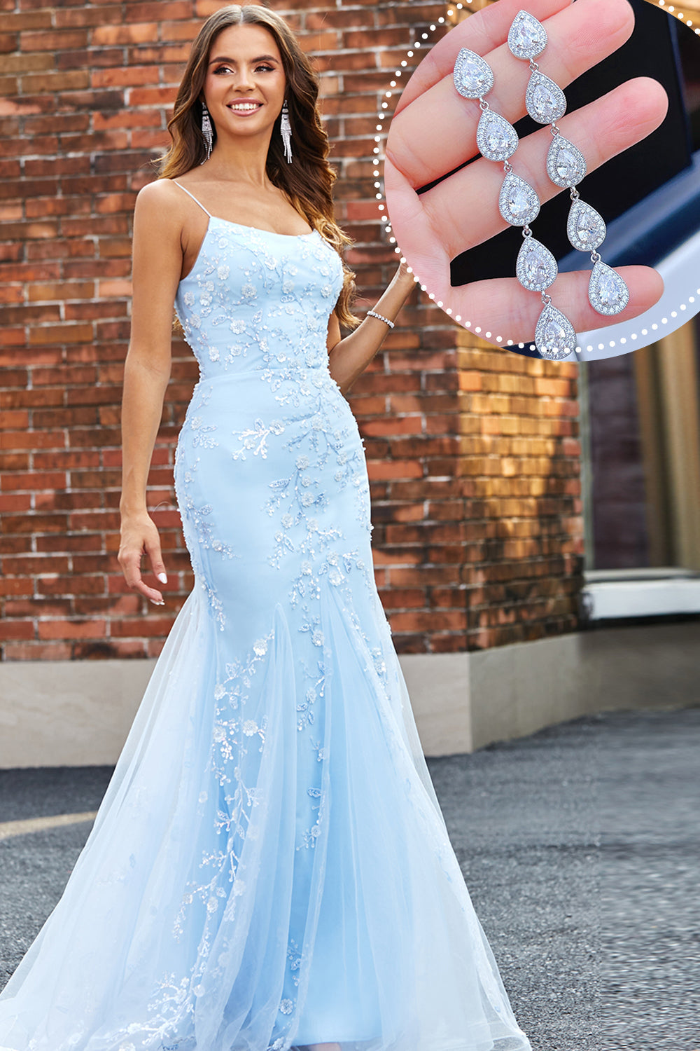 Ljusblå glittrande pärlstav sjöjungfru lång balklänning med accessoarer set